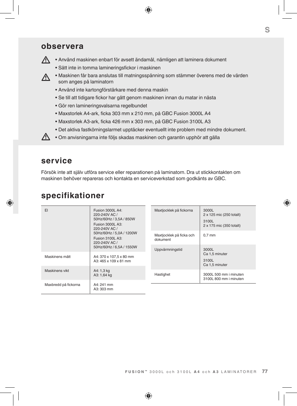 Mm m, Specifikationer, Service | Observera | GBC 3100L EU Fusion User Manual | Page 77 / 108