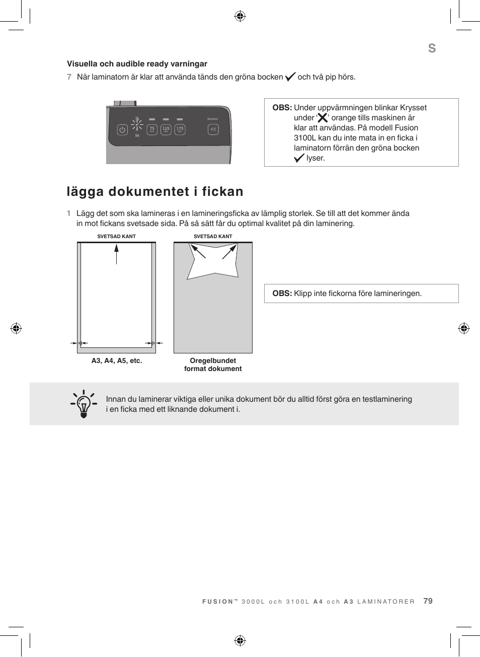 Lägga dokumentet i fickan | GBC 3100L EU Fusion User Manual | Page 79 / 108