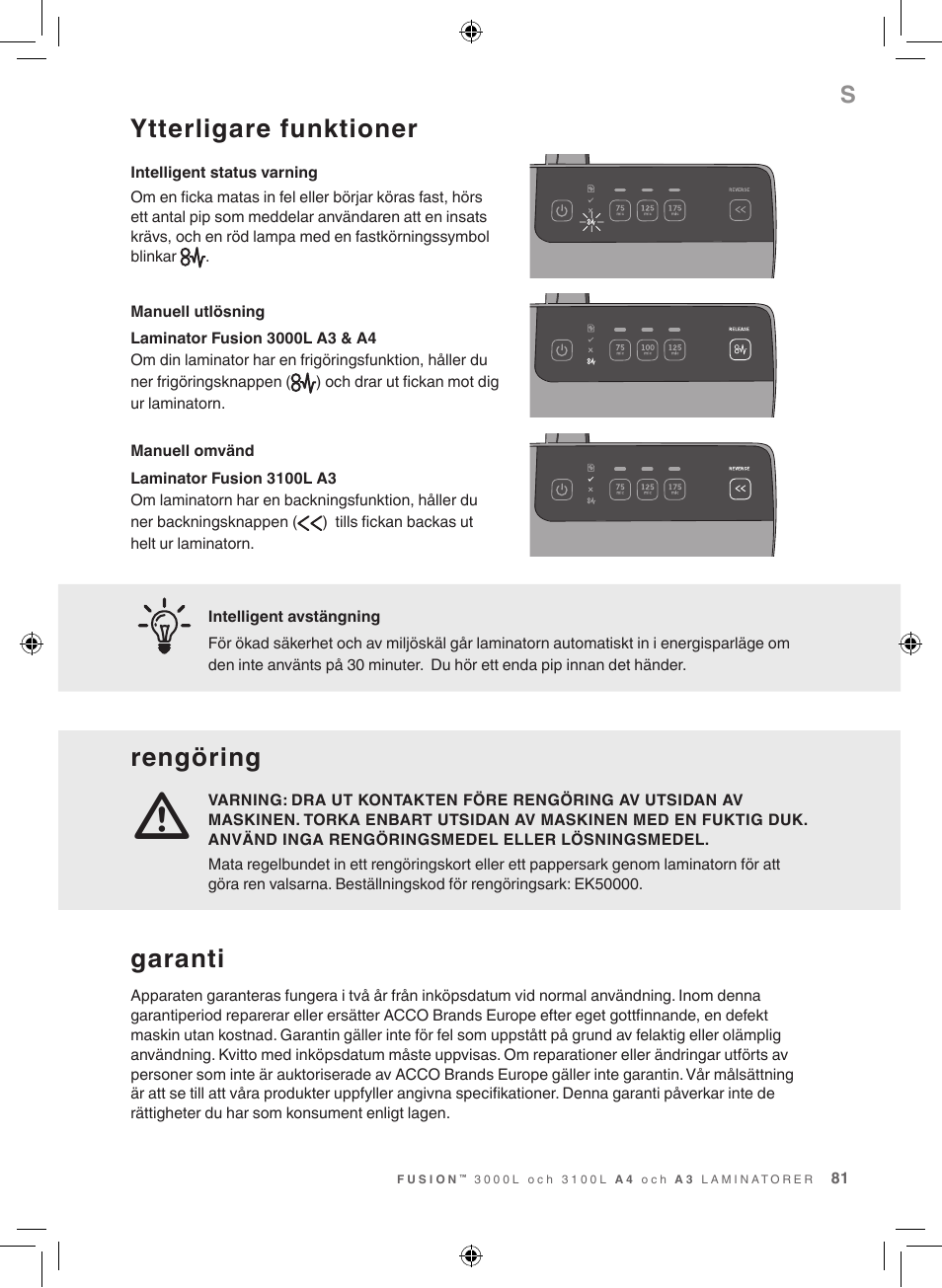 Ytterligare funktioner, Rengöring, Garanti | GBC 3100L EU Fusion User Manual | Page 81 / 108
