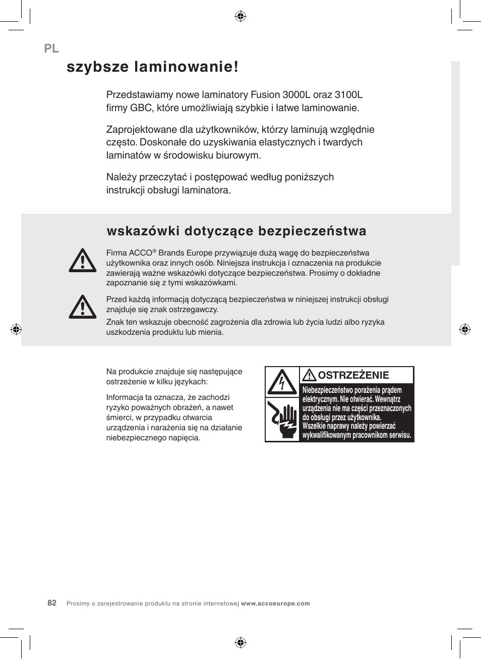 Szybsze laminowanie, Wskazówki dotyczące bezpieczeństwa | GBC 3100L EU Fusion User Manual | Page 82 / 108