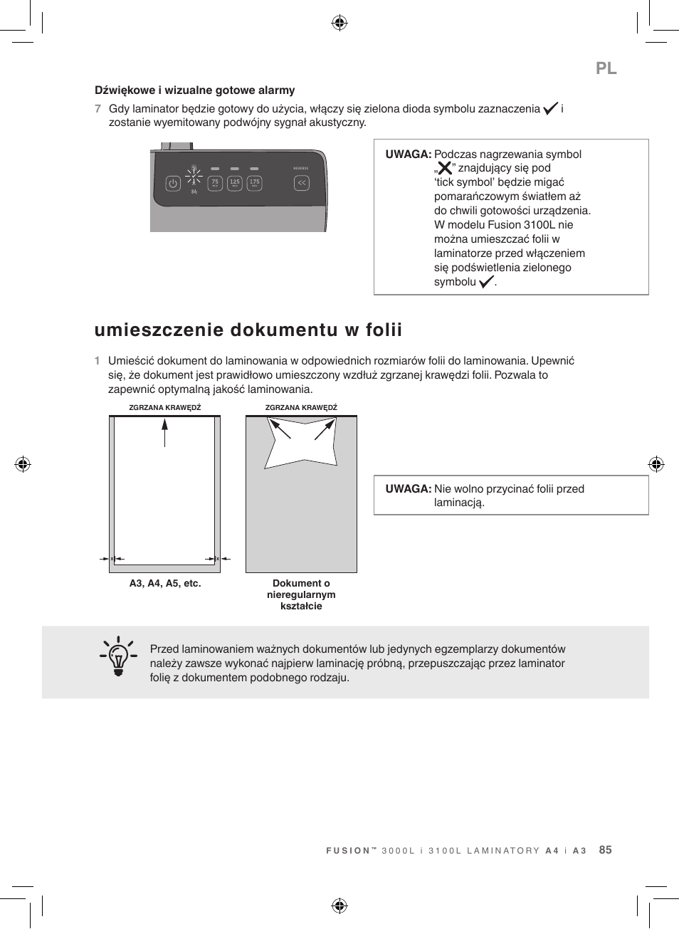 Umieszczenie dokumentu w folii | GBC 3100L EU Fusion User Manual | Page 85 / 108
