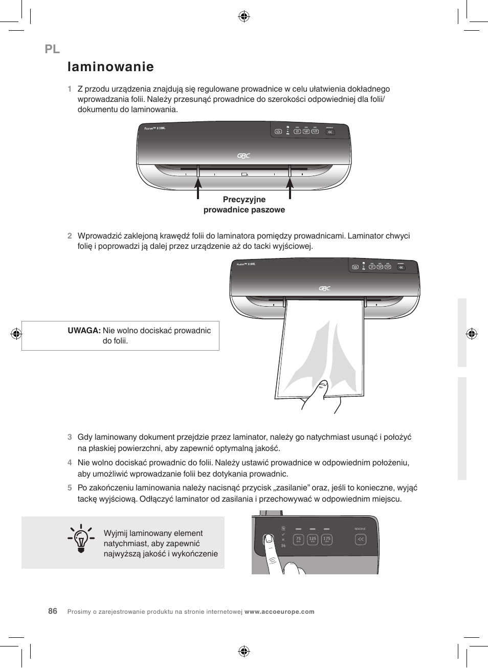 Laminowanie | GBC 3100L EU Fusion User Manual | Page 86 / 108
