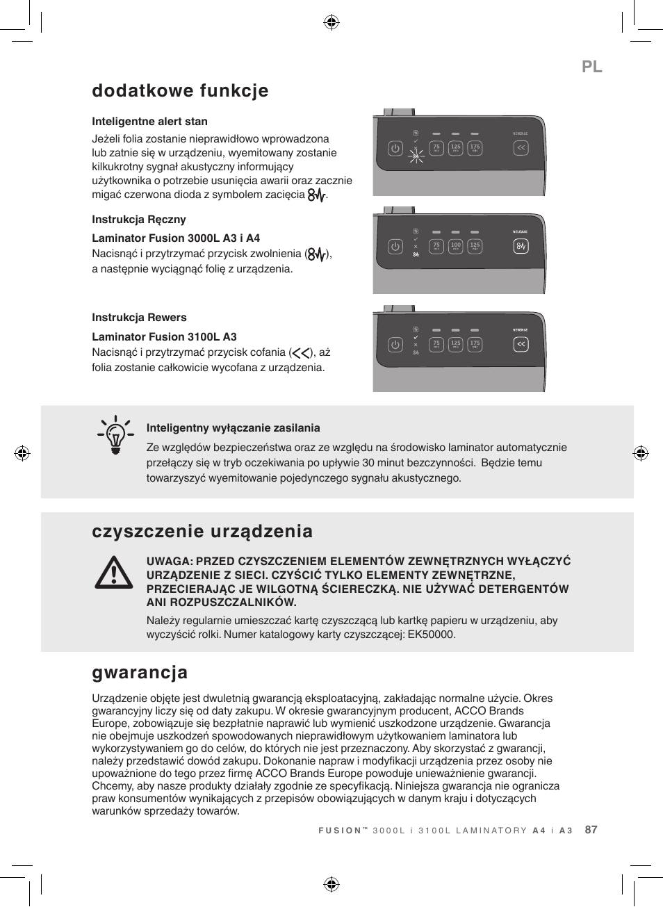 Dodatkowe funkcje, Czyszczenie urządzenia, Gwarancja | GBC 3100L EU Fusion User Manual | Page 87 / 108