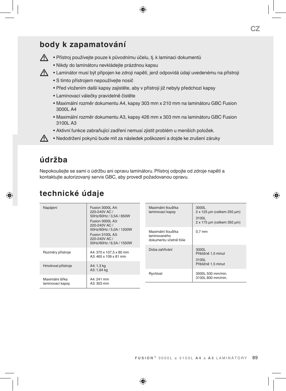 Mm m, Technické údaje, Údržba | Body k zapamatování | GBC 3100L EU Fusion User Manual | Page 89 / 108