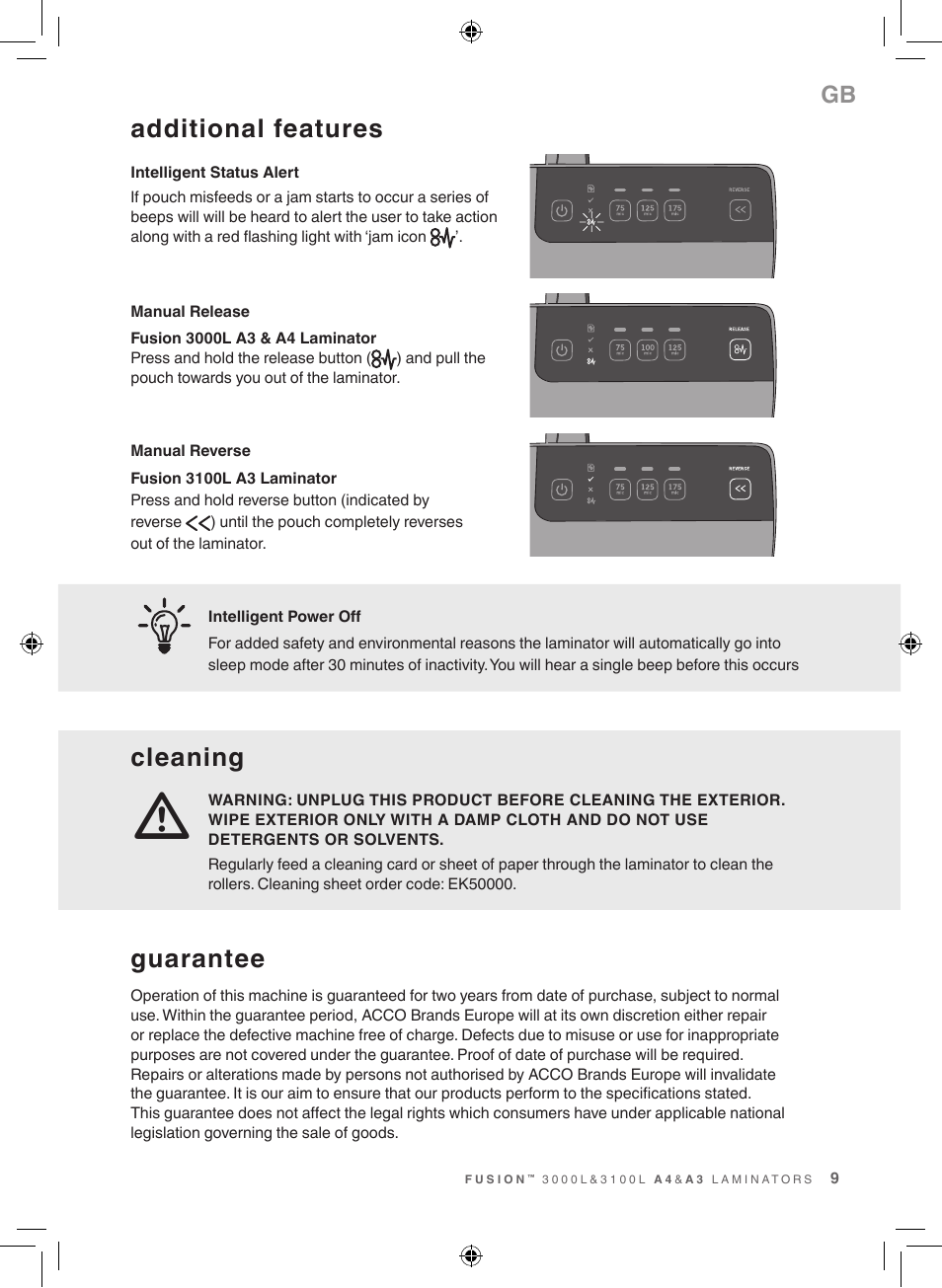 Cleaning, Guarantee, Additional features | GBC 3100L EU Fusion User Manual | Page 9 / 108