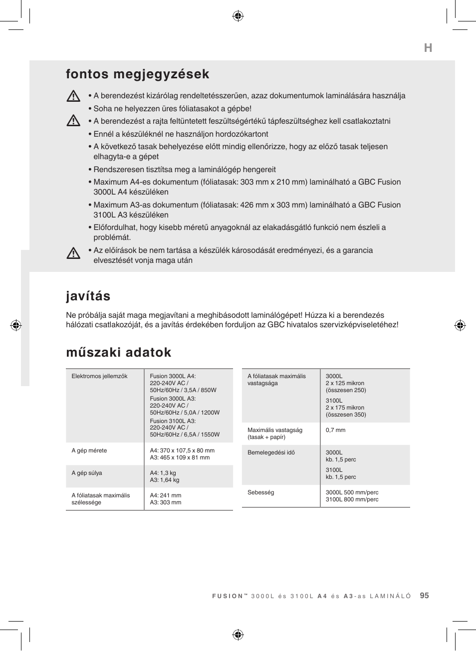 Mm m, Műszaki adatok, Javítás | Fontos megjegyzések | GBC 3100L EU Fusion User Manual | Page 95 / 108