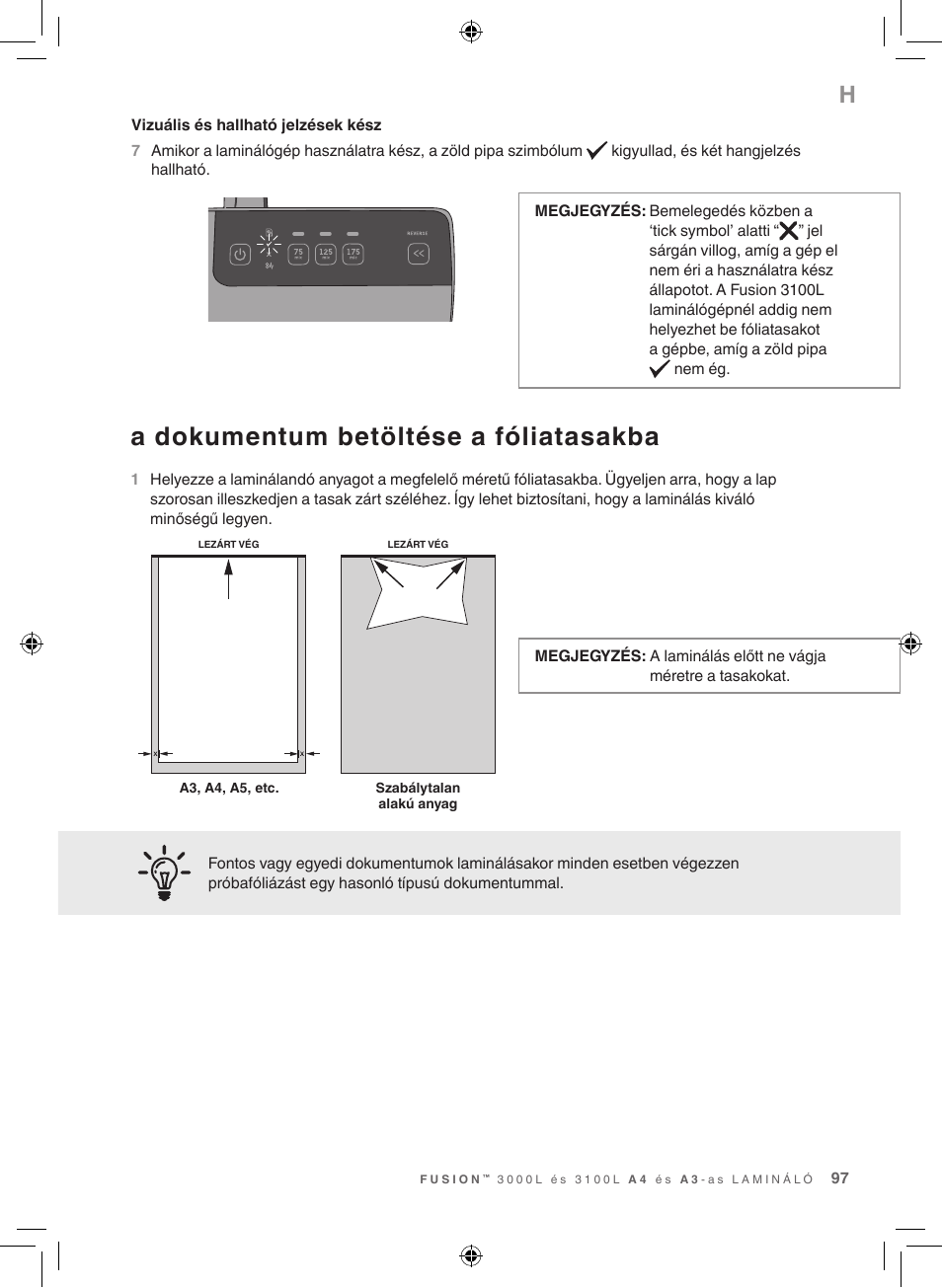 A dokumentum betöltése a fóliatasakba | GBC 3100L EU Fusion User Manual | Page 97 / 108