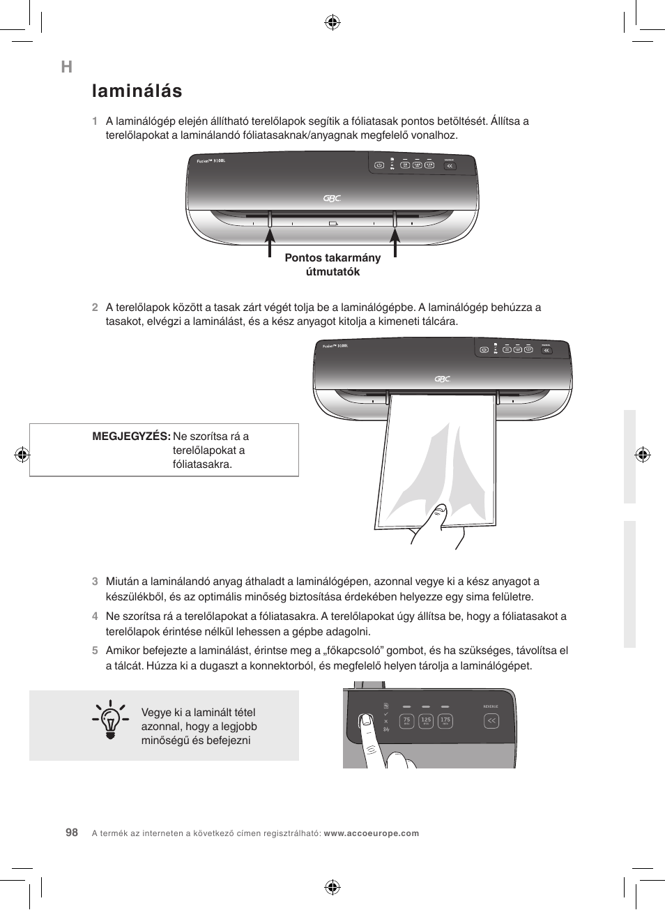 Laminálás | GBC 3100L EU Fusion User Manual | Page 98 / 108