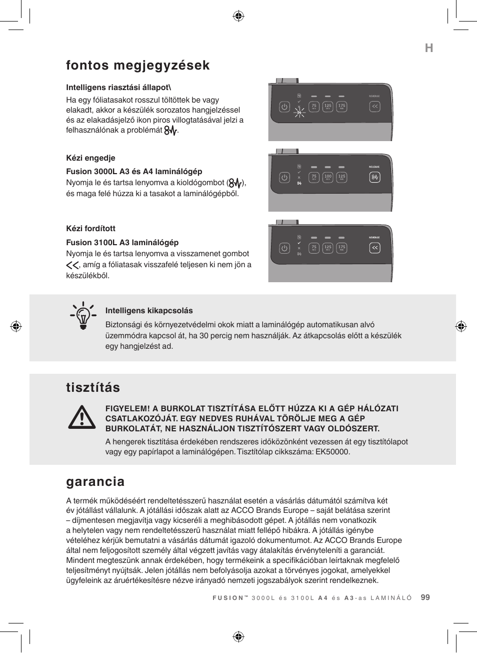 Fontos megjegyzések, Tisztítás, Garancia | GBC 3100L EU Fusion User Manual | Page 99 / 108