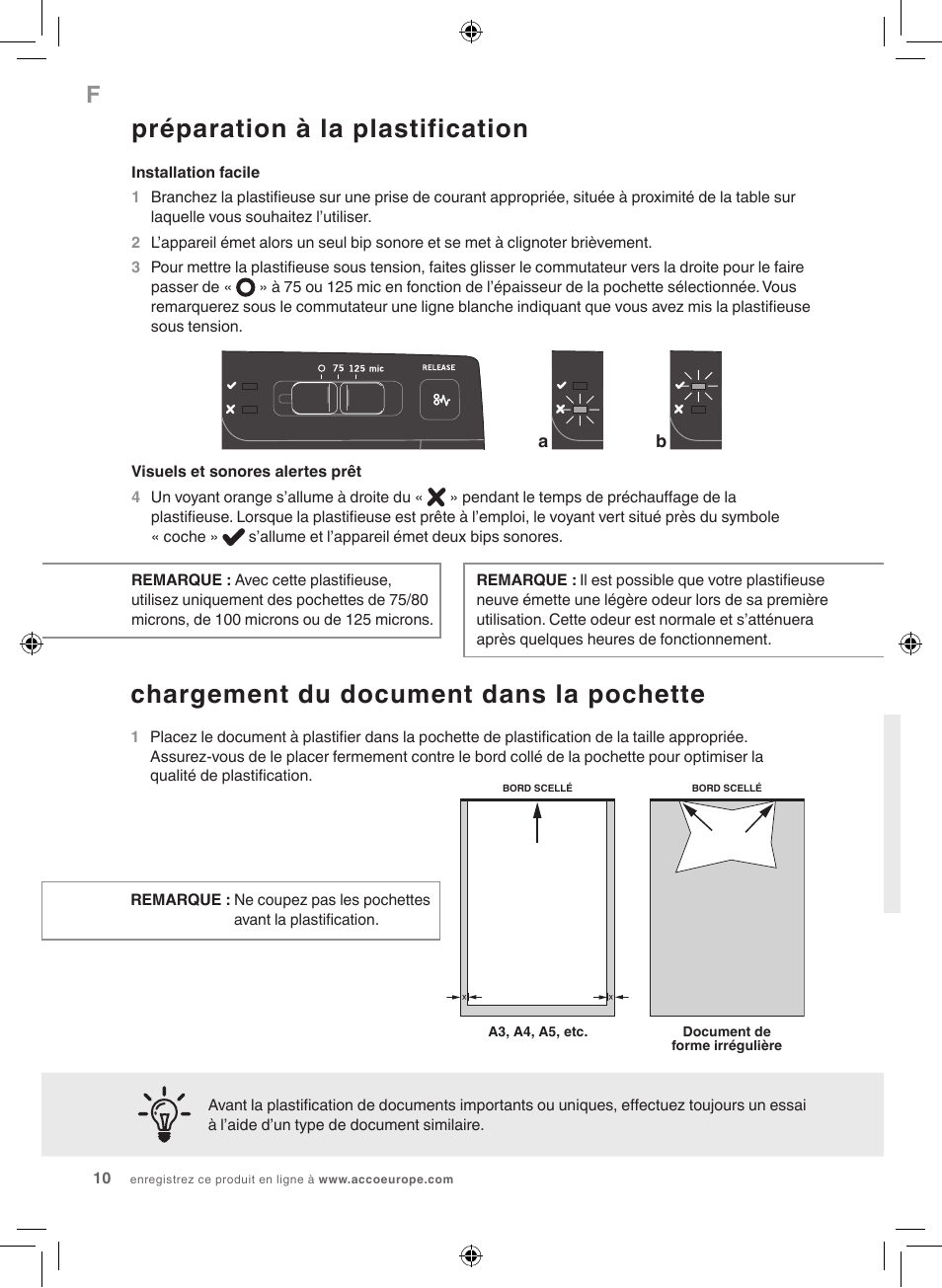 Préparation à la plastification, Chargement du document dans la pochette | GBC 1100L EU Fusion User Manual | Page 10 / 76