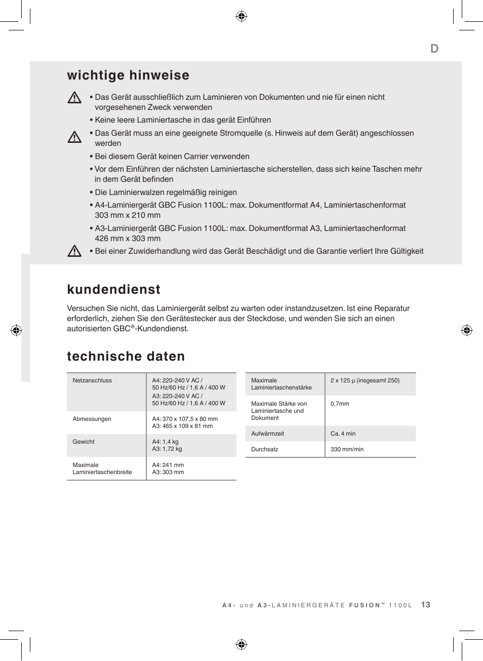 Technische daten, Kundendienst, Wichtige hinweise | GBC 1100L EU Fusion User Manual | Page 13 / 76