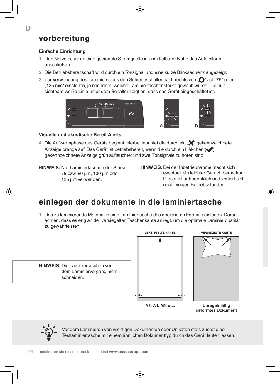 Vorbereitung, Einlegen der dokumente in die laminiertasche | GBC 1100L EU Fusion User Manual | Page 14 / 76