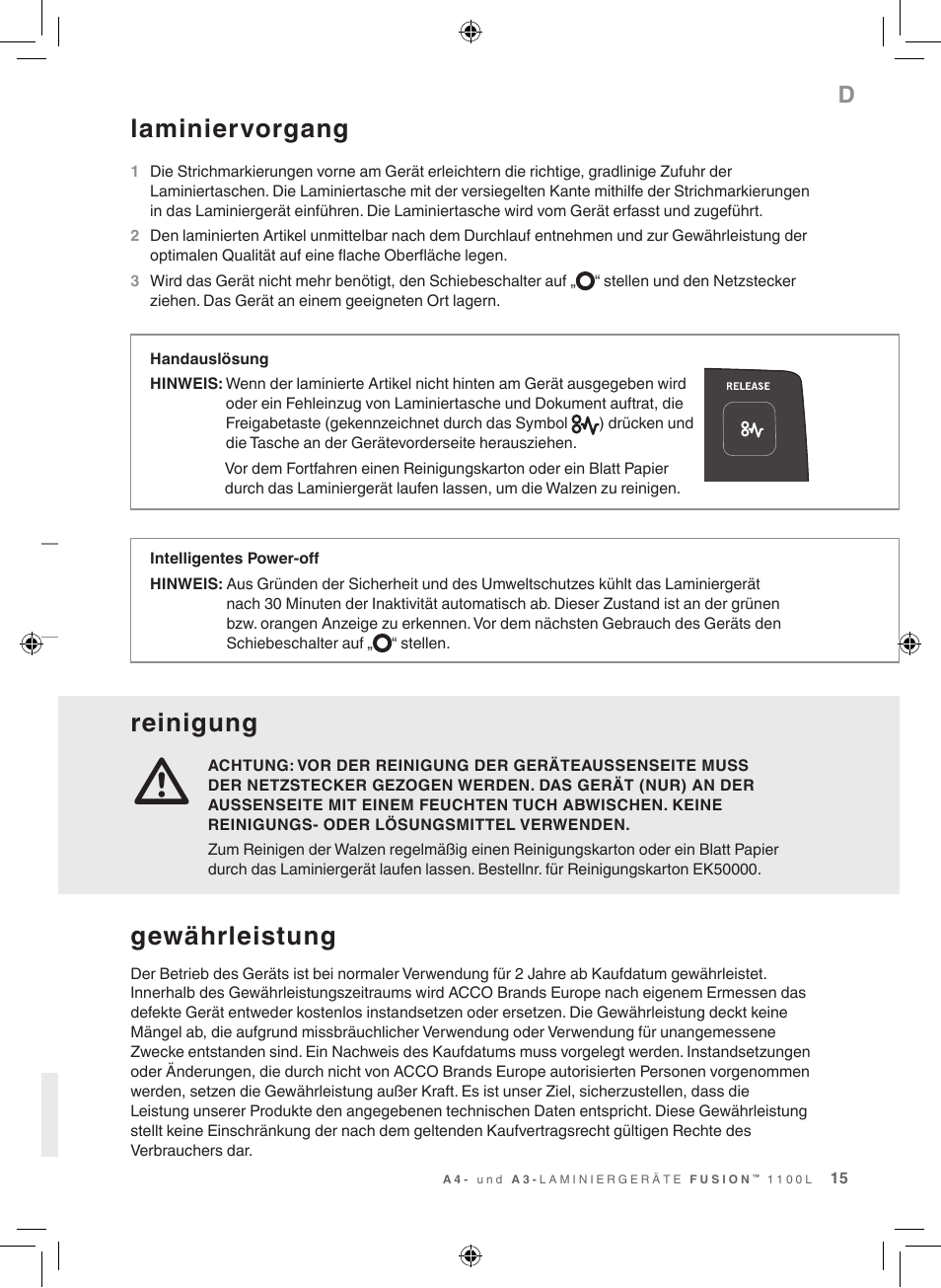 Reinigung, Laminiervorgang, Gewährleistung | GBC 1100L EU Fusion User Manual | Page 15 / 76