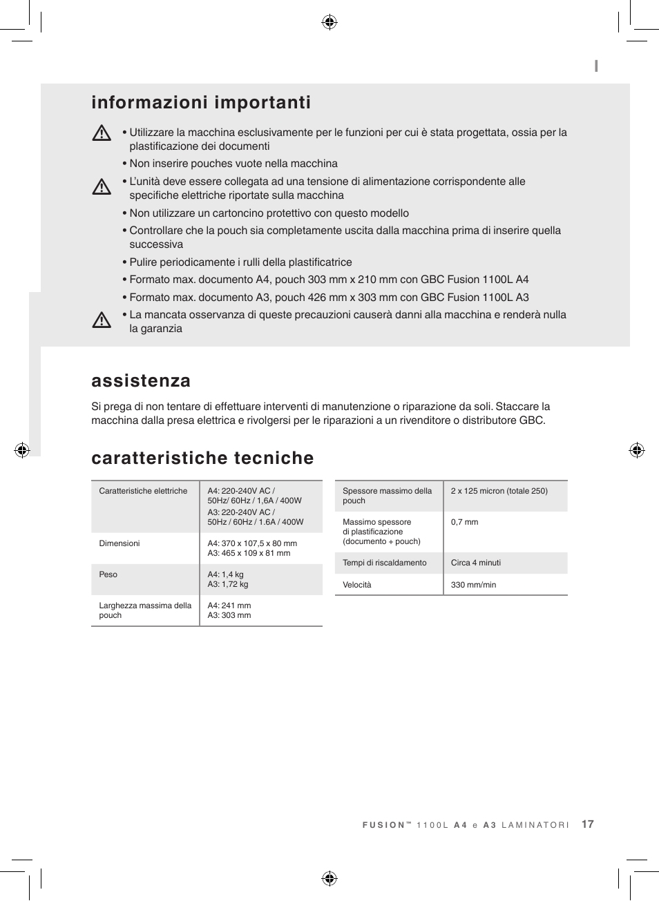 Caratteristiche tecniche, Assistenza, Informazioni importanti | GBC 1100L EU Fusion User Manual | Page 17 / 76