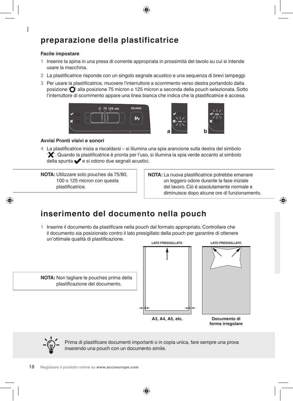 Preparazione della plastificatrice, Inserimento del documento nella pouch | GBC 1100L EU Fusion User Manual | Page 18 / 76