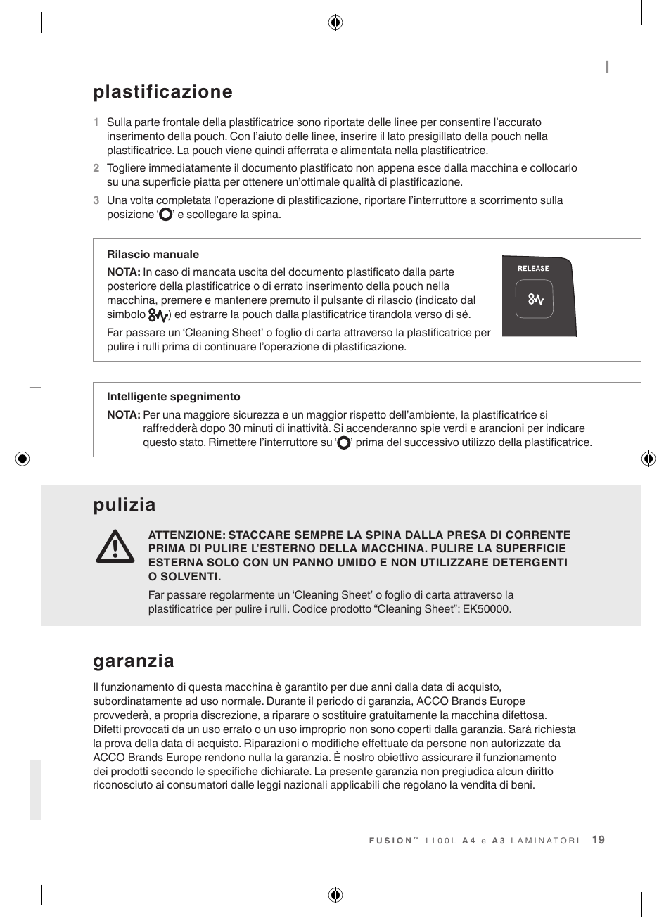 Plastificazione, Pulizia, Garanzia | GBC 1100L EU Fusion User Manual | Page 19 / 76