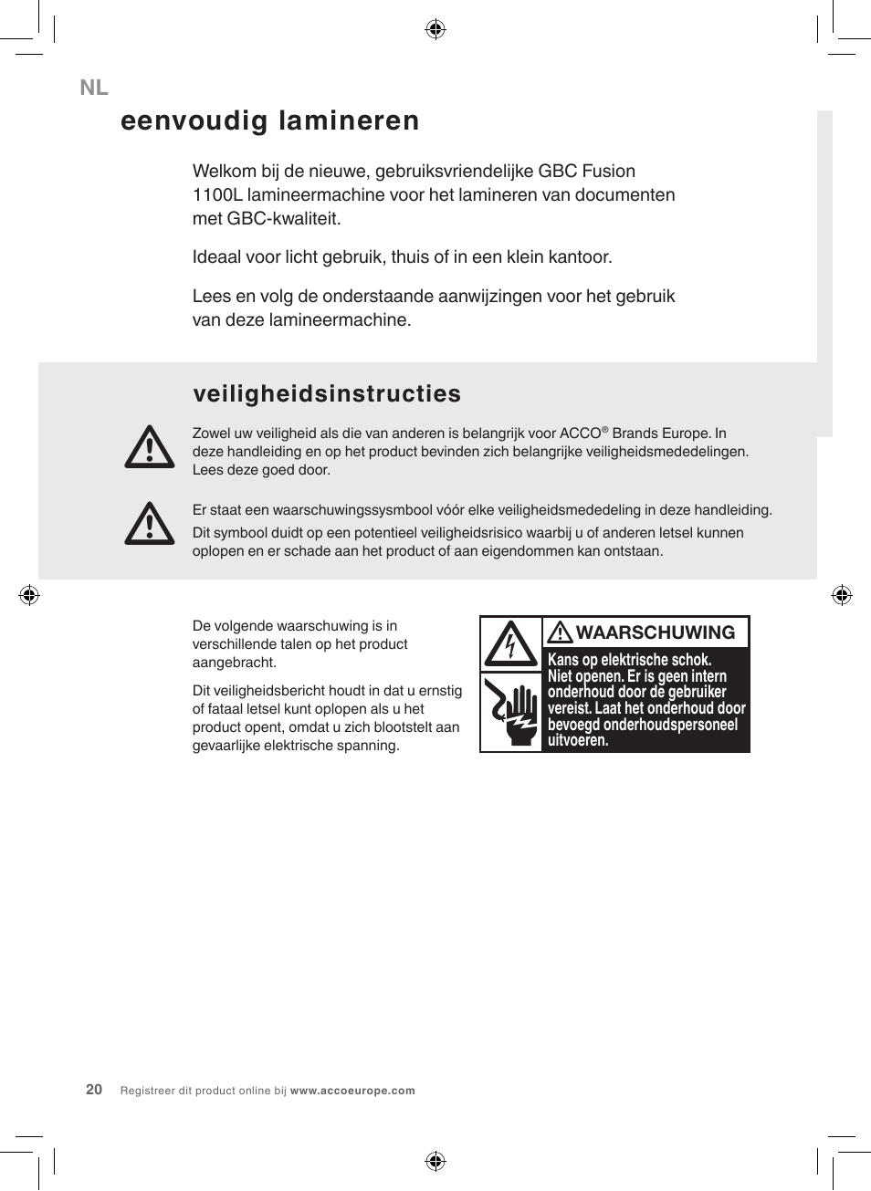 Eenvoudig lamineren, Veiligheidsinstructies | GBC 1100L EU Fusion User Manual | Page 20 / 76