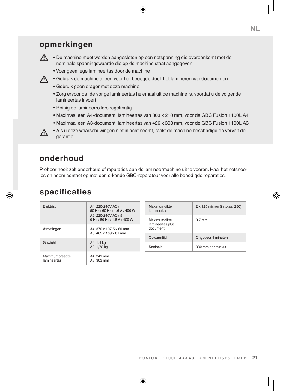 Specificaties, Onderhoud, Opmerkingen | GBC 1100L EU Fusion User Manual | Page 21 / 76