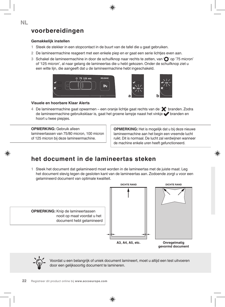 Voorbereidingen, Het document in de lamineertas steken | GBC 1100L EU Fusion User Manual | Page 22 / 76