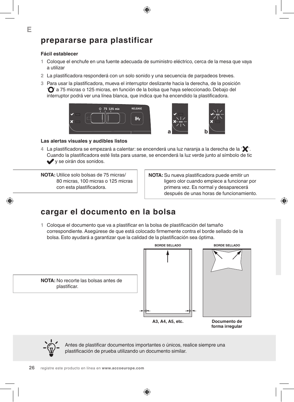 Prepararse para plastificar, Cargar el documento en la bolsa | GBC 1100L EU Fusion User Manual | Page 26 / 76