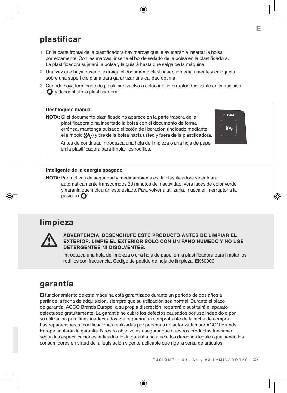 Plastificar, Limpieza, Garantía | GBC 1100L EU Fusion User Manual | Page 27 / 76