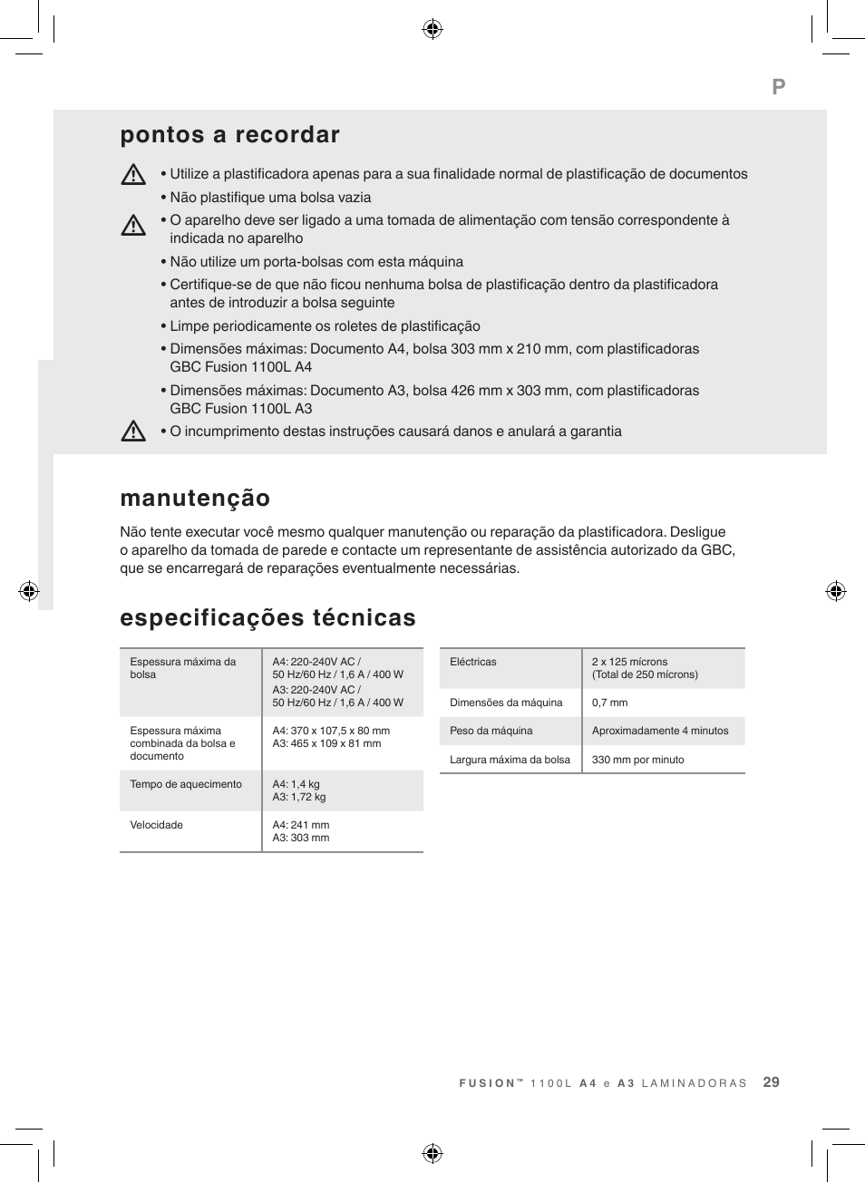 Mm m, Especificações técnicas, Manutenção | Pontos a recordar | GBC 1100L EU Fusion User Manual | Page 29 / 76
