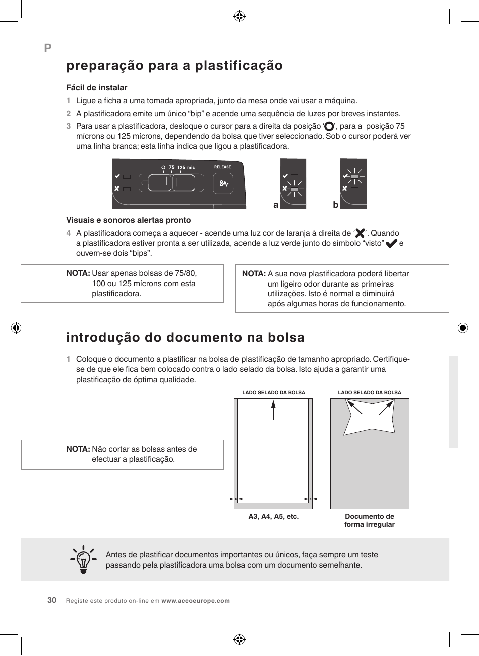 Preparação para a plastificação, Introdução do documento na bolsa | GBC 1100L EU Fusion User Manual | Page 30 / 76