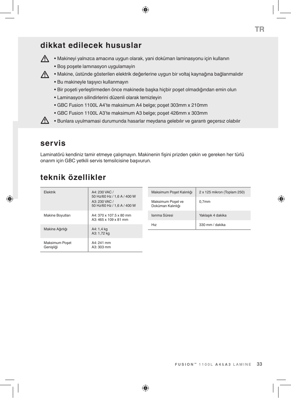 Mm m, Teknik özellikler, Servis | Dikkat edilecek hususlar | GBC 1100L EU Fusion User Manual | Page 33 / 76