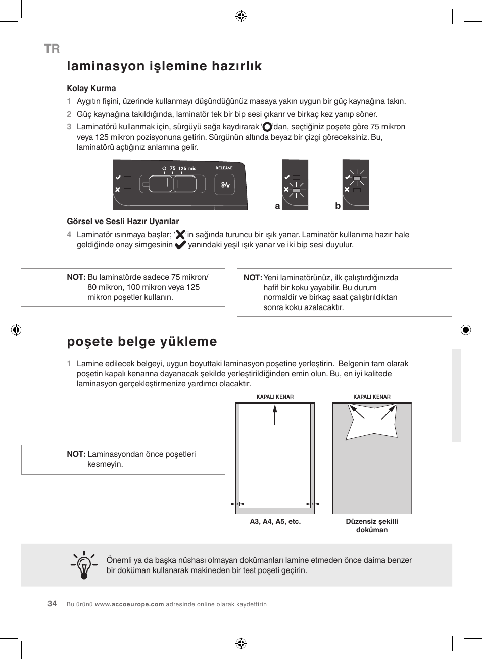Laminasyon işlemine hazırlık, Poşete belge yükleme | GBC 1100L EU Fusion User Manual | Page 34 / 76