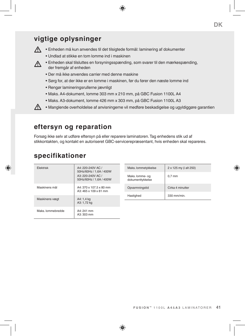 Mm m, Specifikationer, Eftersyn og reparation | Vigtige oplysninger | GBC 1100L EU Fusion User Manual | Page 41 / 76