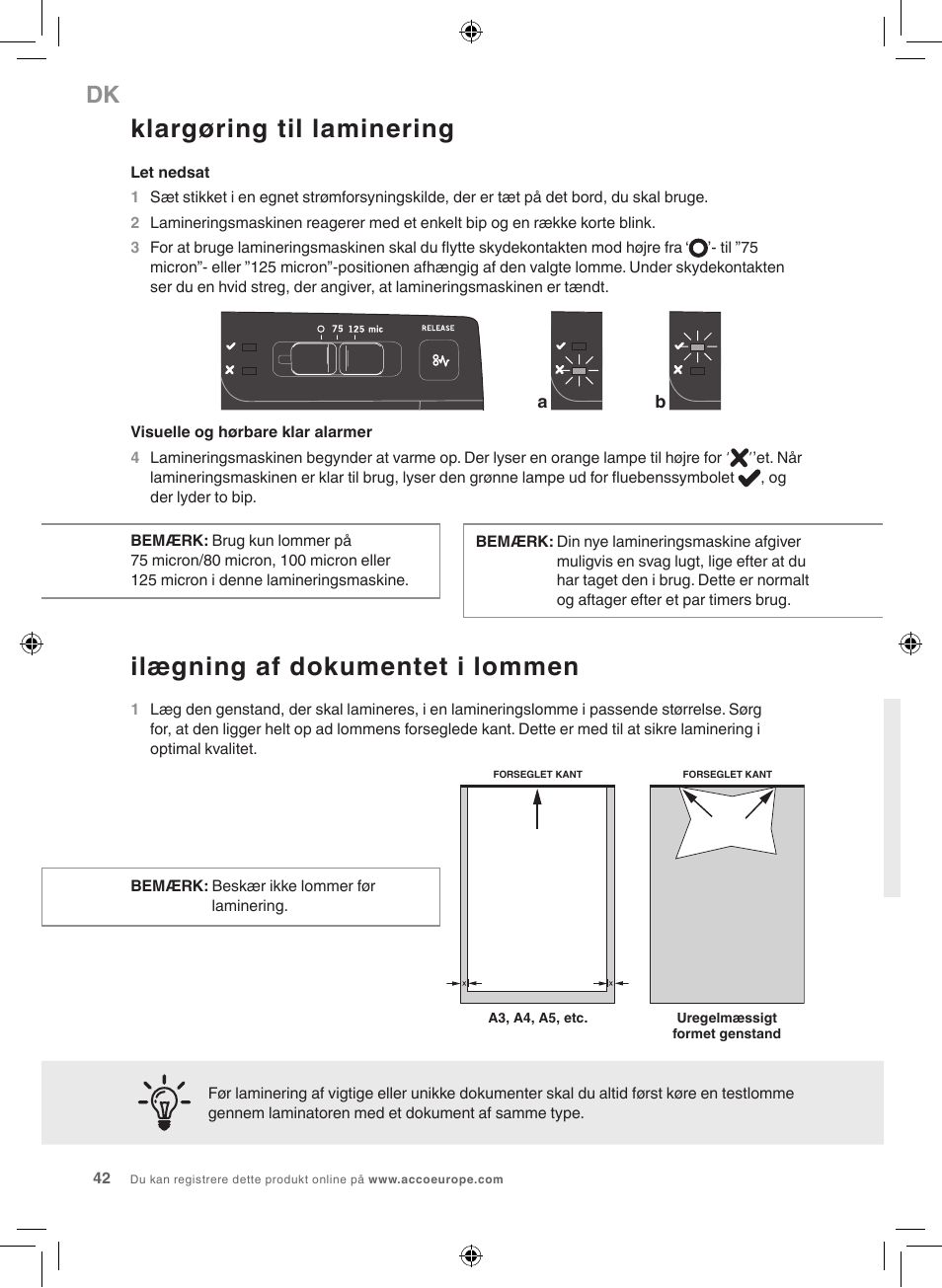 Klargøring til laminering, Ilægning af dokumentet i lommen | GBC 1100L EU Fusion User Manual | Page 42 / 76