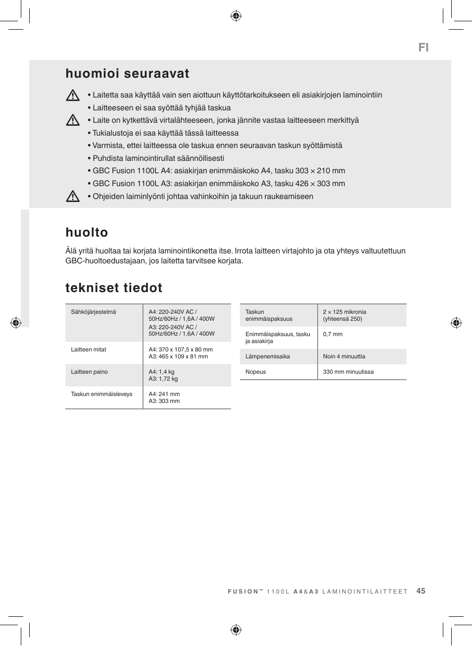 Mm m, Tekniset tiedot, Huolto | Huomioi seuraavat | GBC 1100L EU Fusion User Manual | Page 45 / 76