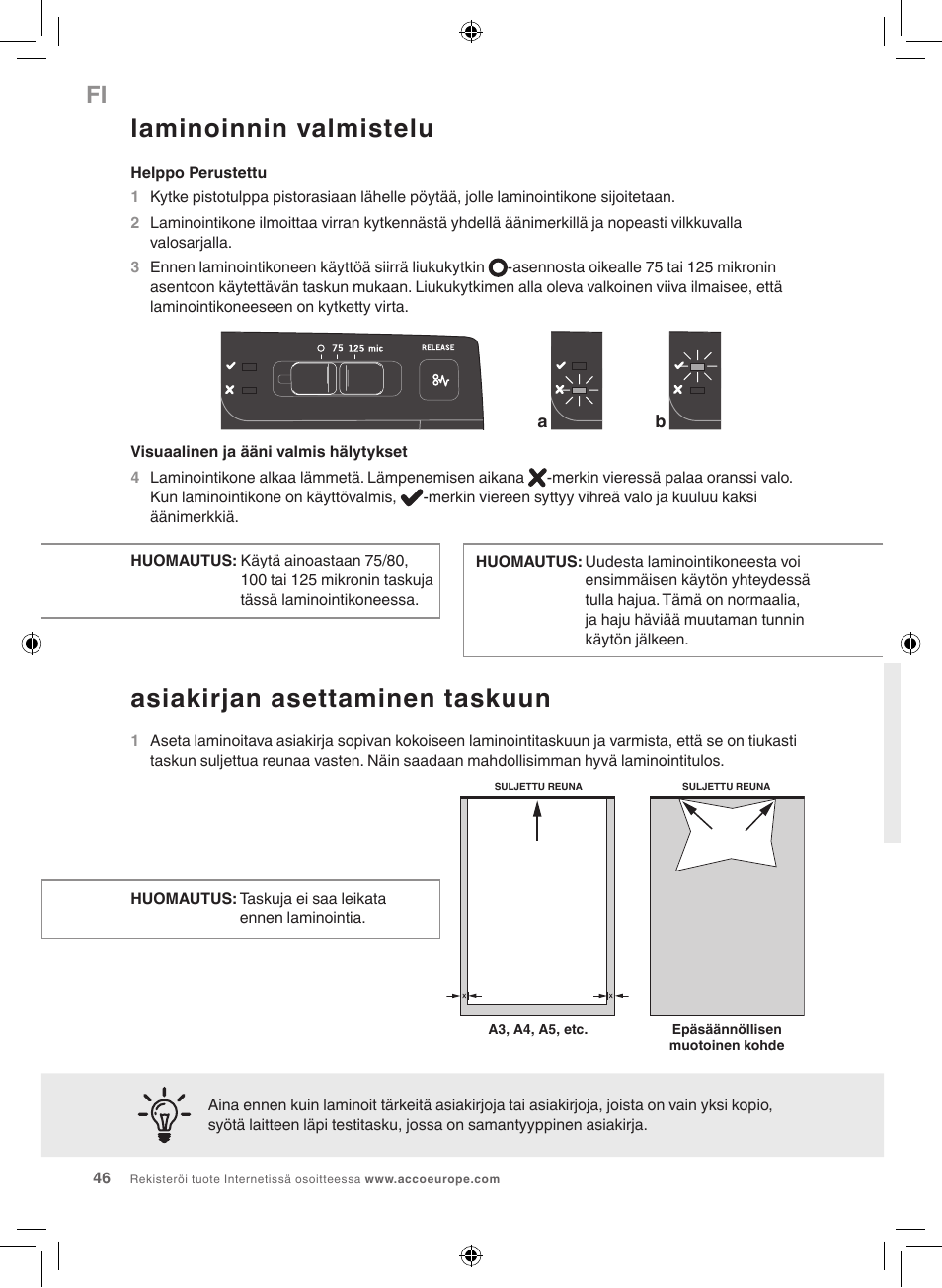 Laminoinnin valmistelu, Asiakirjan asettaminen taskuun | GBC 1100L EU Fusion User Manual | Page 46 / 76