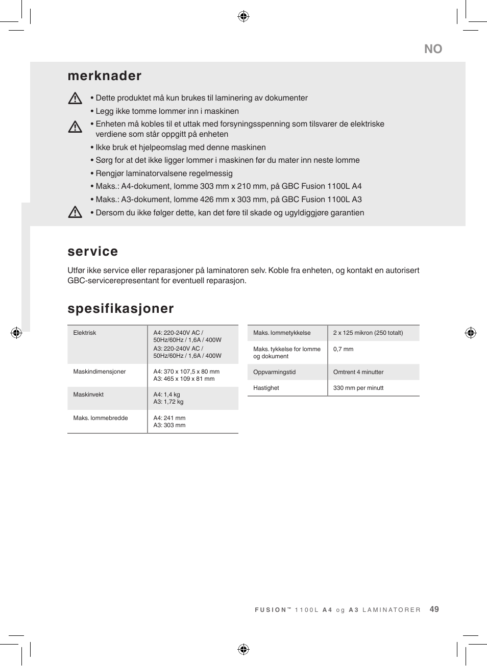 Mm m, Spesifikasjoner, Service | Merknader | GBC 1100L EU Fusion User Manual | Page 49 / 76