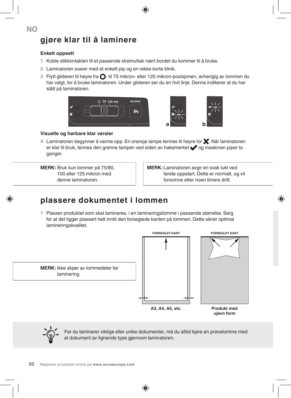 Gjøre klar til å laminere, Plassere dokumentet i lommen | GBC 1100L EU Fusion User Manual | Page 50 / 76