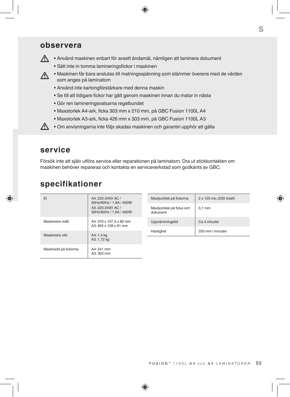 Mm m, Specifikationer, Service | Observera | GBC 1100L EU Fusion User Manual | Page 53 / 76