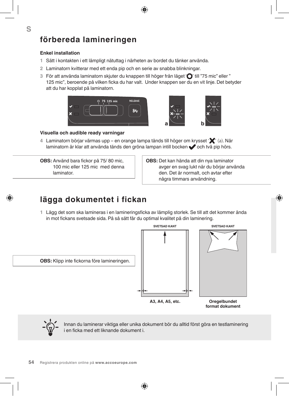 Förbereda lamineringen, Lägga dokumentet i fickan | GBC 1100L EU Fusion User Manual | Page 54 / 76