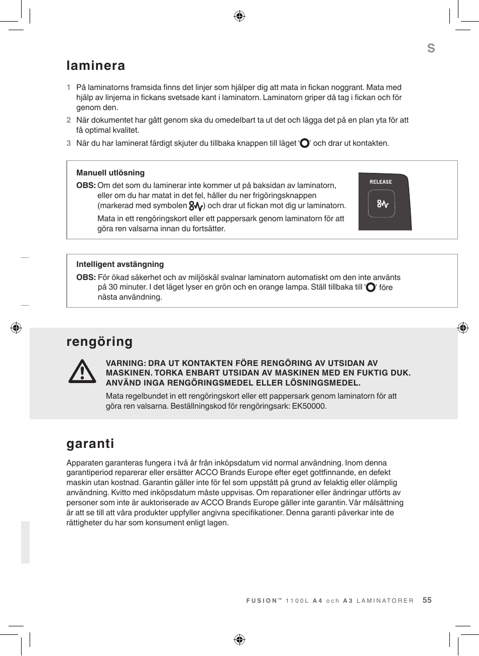 Laminera, Rengöring, Garanti | GBC 1100L EU Fusion User Manual | Page 55 / 76