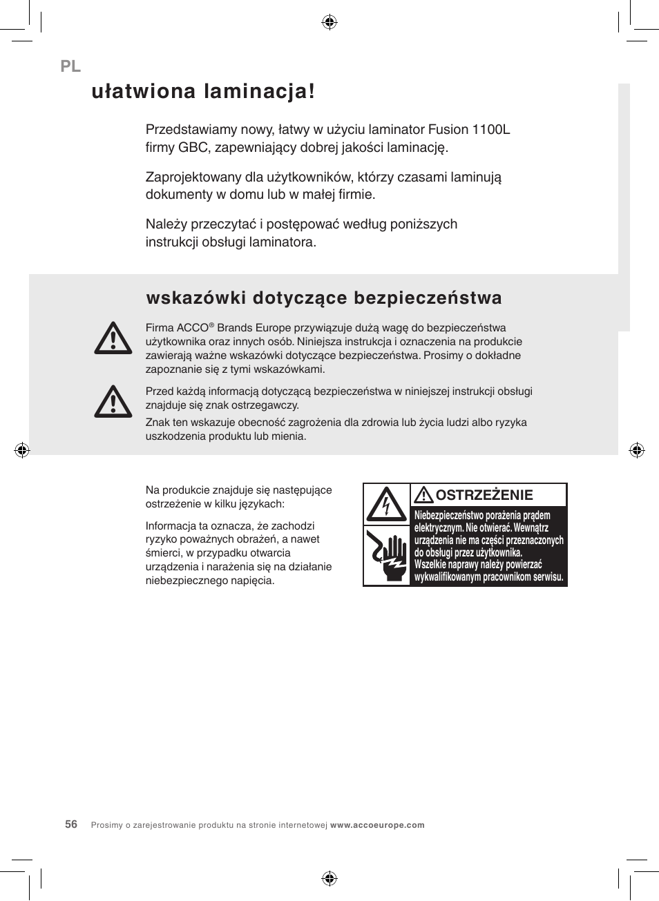 Ułatwiona laminacja, Wskazówki dotyczące bezpieczeństwa | GBC 1100L EU Fusion User Manual | Page 56 / 76