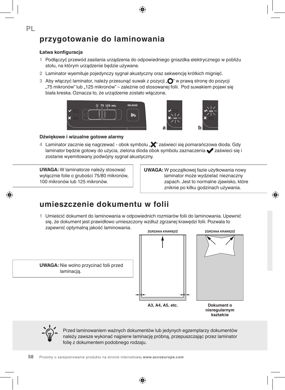 Przygotowanie do laminowania, Umieszczenie dokumentu w folii | GBC 1100L EU Fusion User Manual | Page 58 / 76