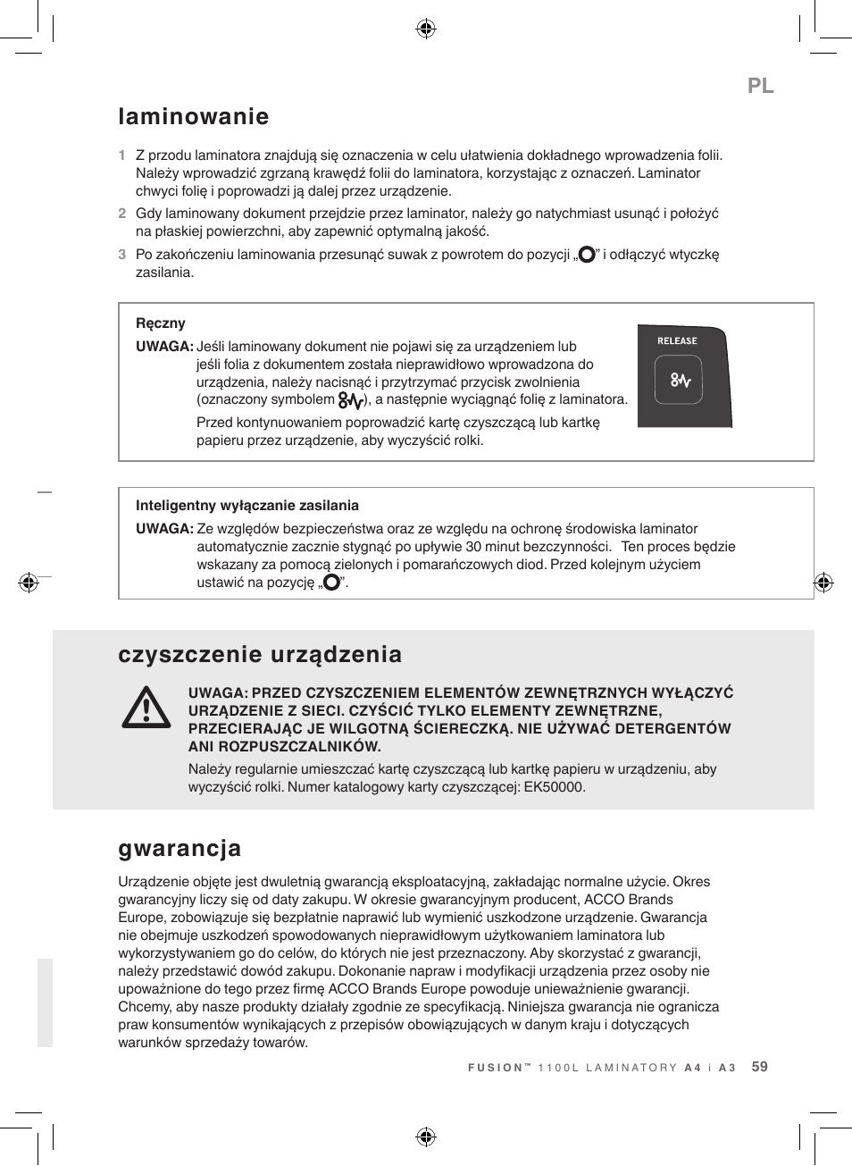 Laminowanie, Czyszczenie urządzenia, Gwarancja | GBC 1100L EU Fusion User Manual | Page 59 / 76