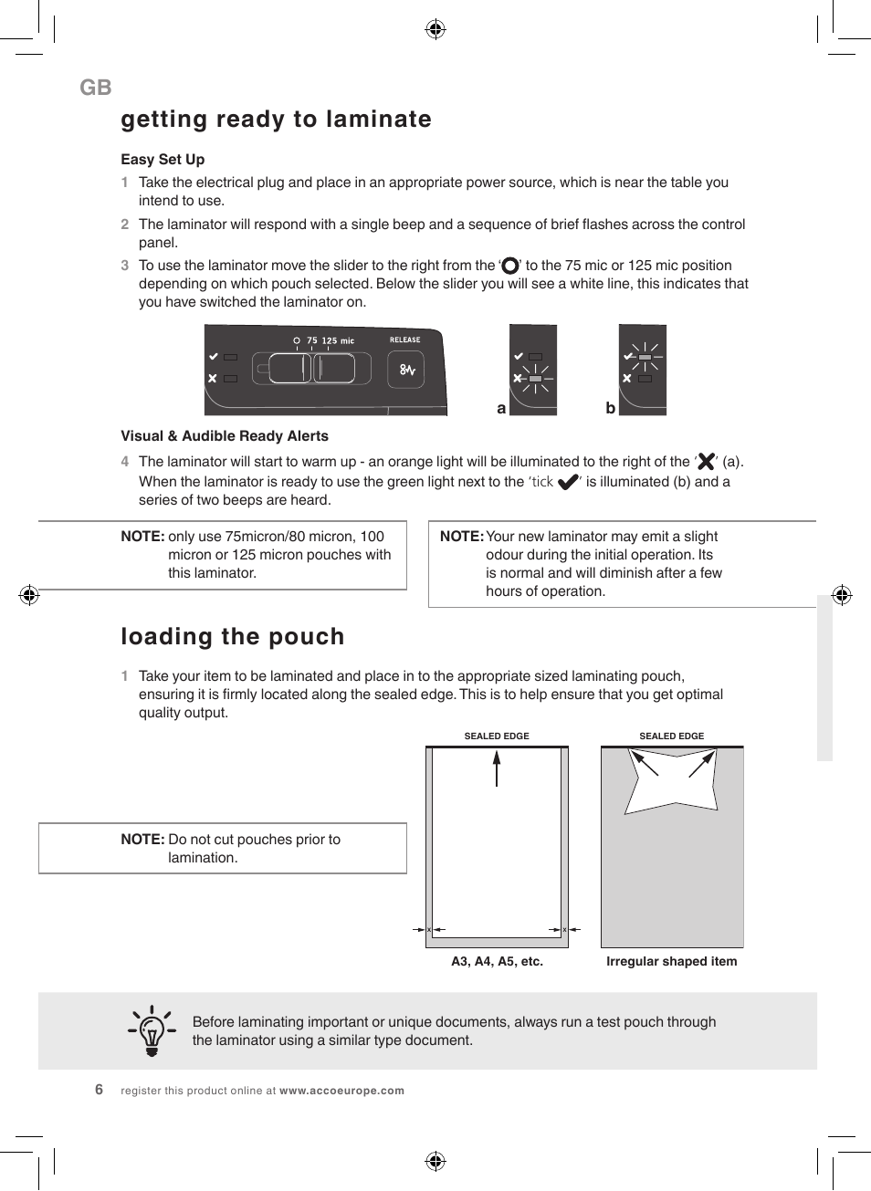 Getting ready to laminate, Loading the pouch | GBC 1100L EU Fusion User Manual | Page 6 / 76