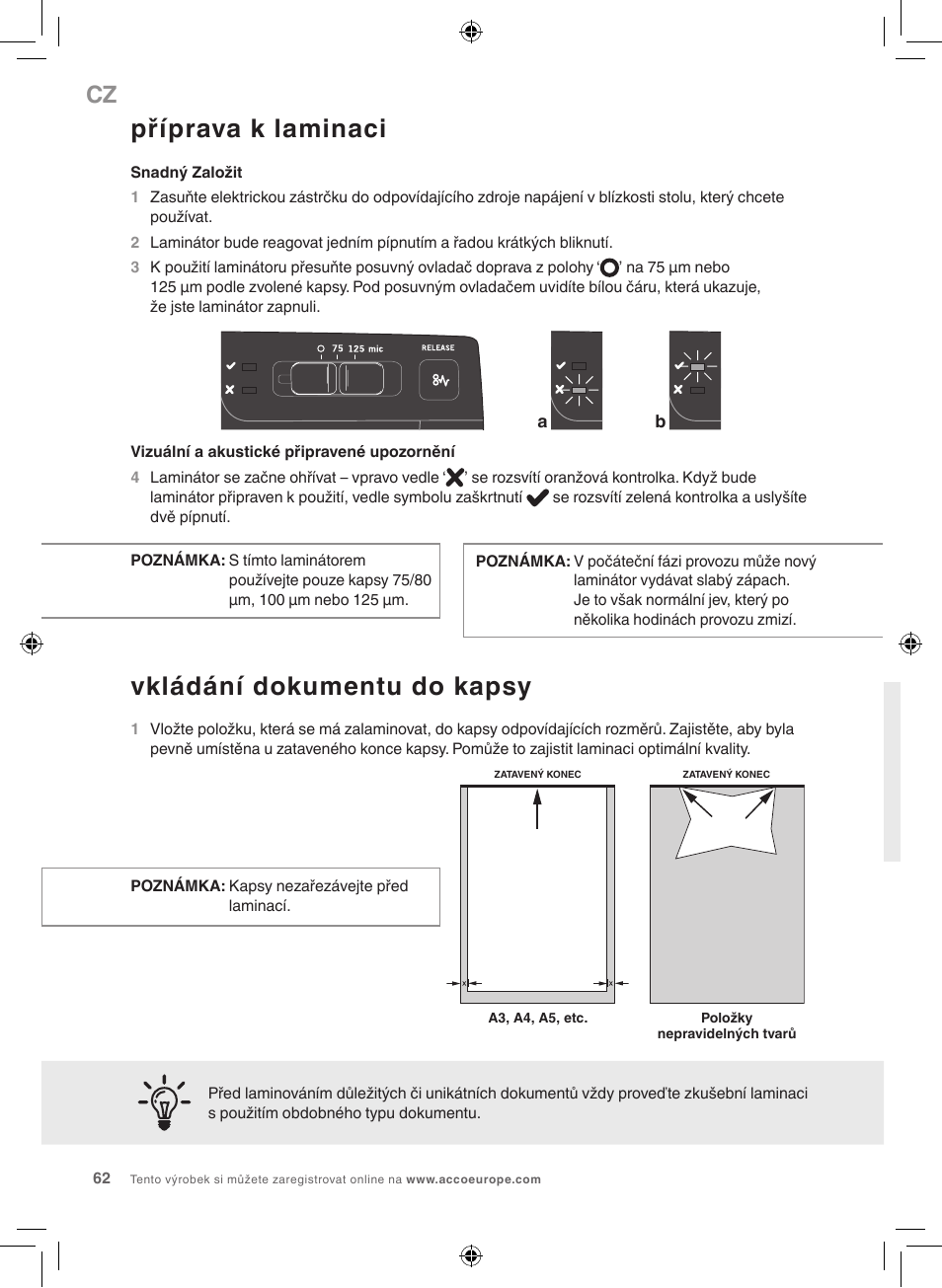 Příprava k laminaci, Vkládání dokumentu do kapsy | GBC 1100L EU Fusion User Manual | Page 62 / 76