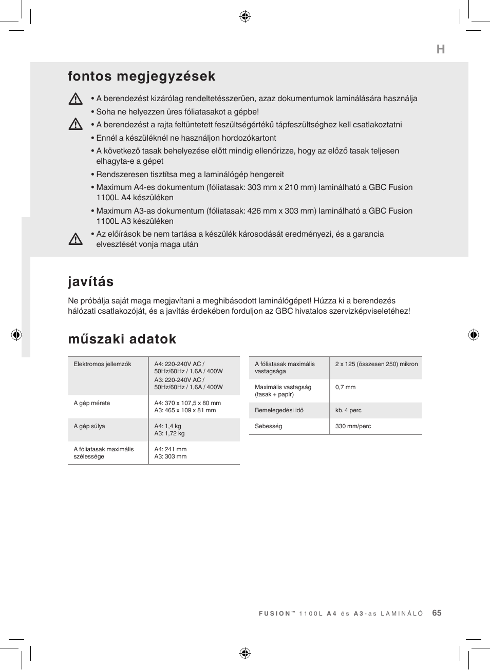 Mm m, Műszaki adatok, Javítás | Fontos megjegyzések | GBC 1100L EU Fusion User Manual | Page 65 / 76