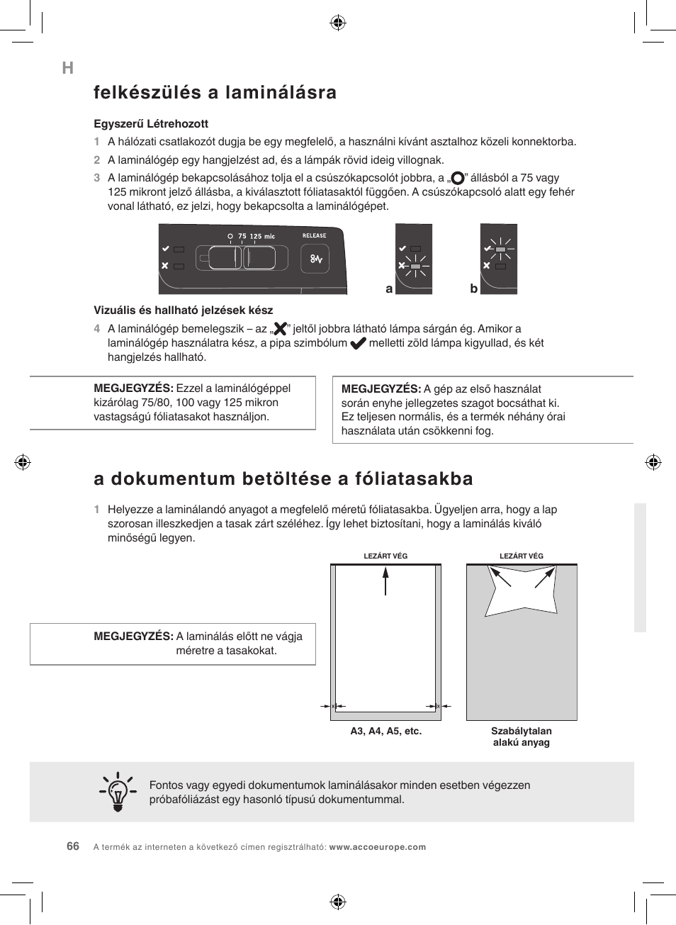 Felkészülés a laminálásra, A dokumentum betöltése a fóliatasakba | GBC 1100L EU Fusion User Manual | Page 66 / 76