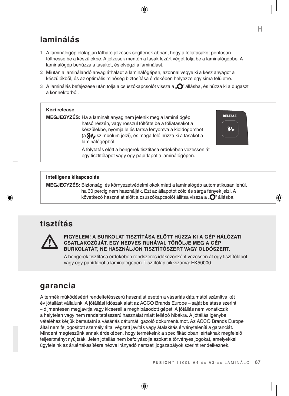 Laminálás, Tisztítás, Garancia | GBC 1100L EU Fusion User Manual | Page 67 / 76