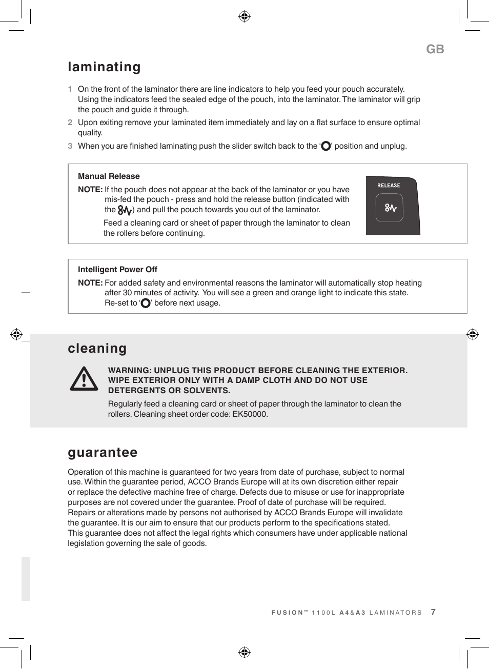 Laminating, Cleaning, Guarantee | GBC 1100L EU Fusion User Manual | Page 7 / 76