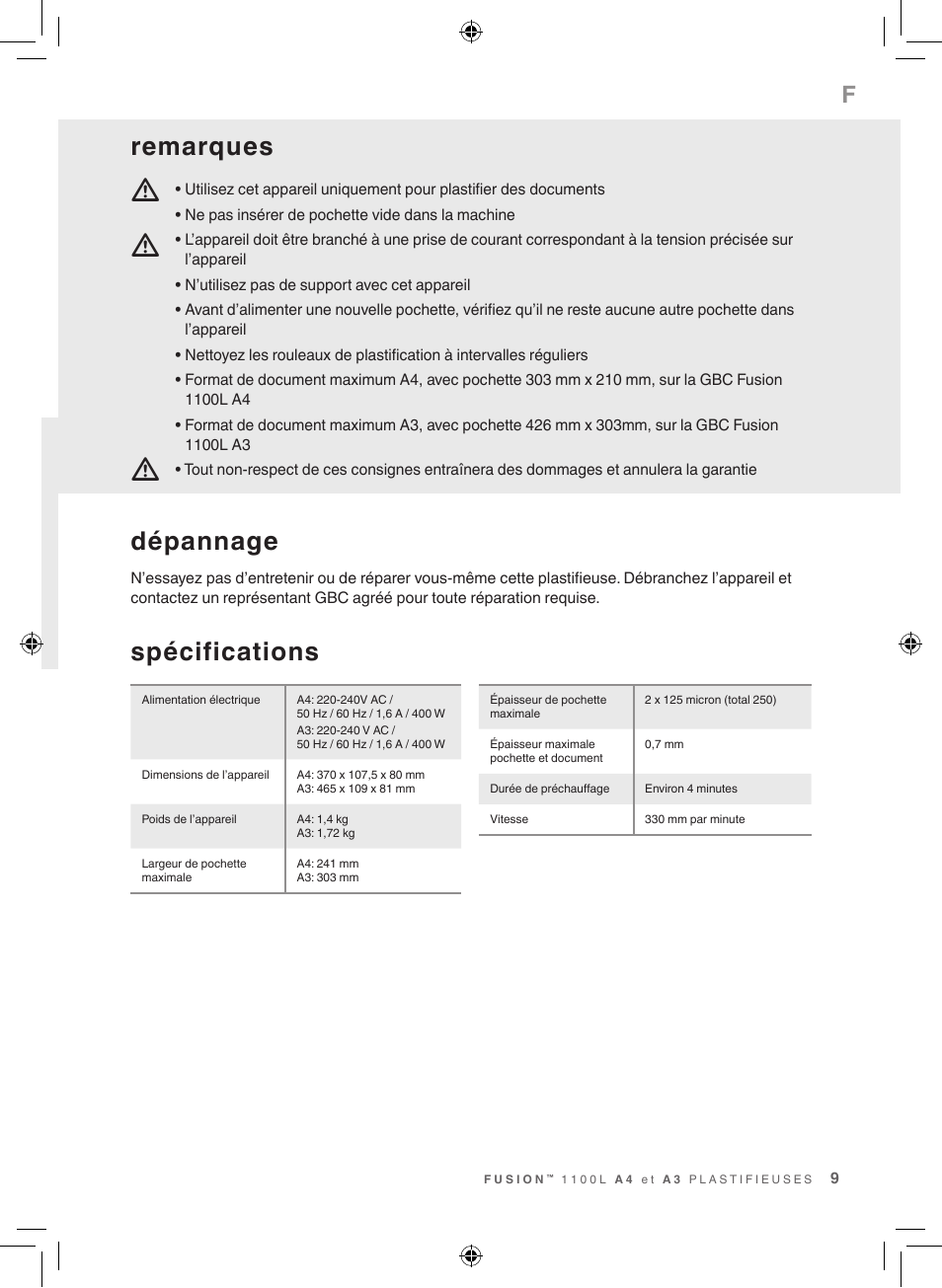 Mm m, Spécifications, Dépannage | Remarques | GBC 1100L EU Fusion User Manual | Page 9 / 76