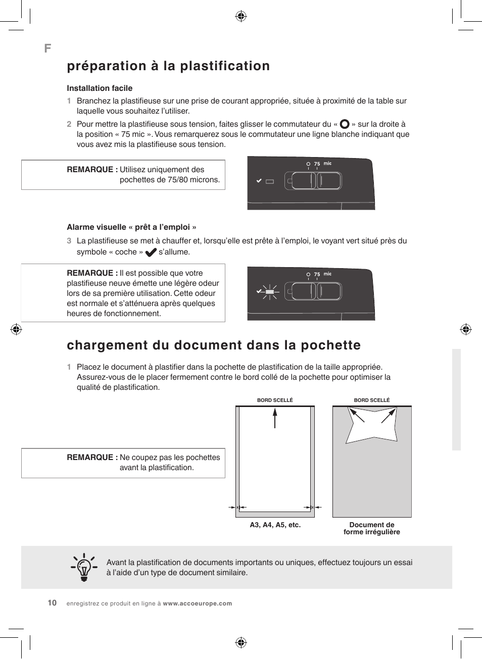 Préparation à la plastification, Chargement du document dans la pochette | GBC 1000L EU Fusion User Manual | Page 10 / 76