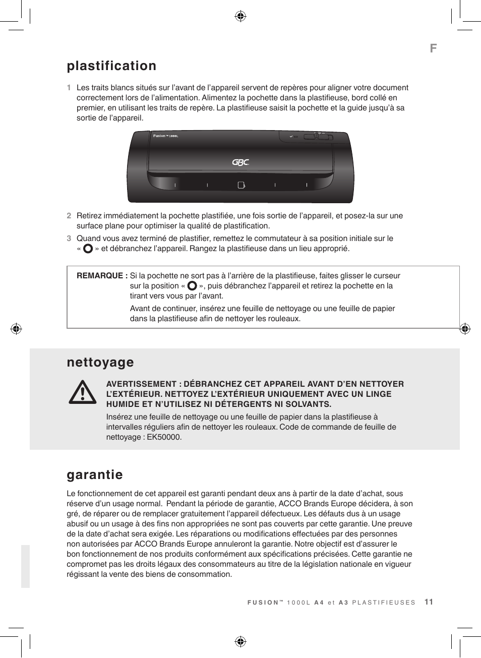 Nettoyage, Plastification, Garantie | GBC 1000L EU Fusion User Manual | Page 11 / 76